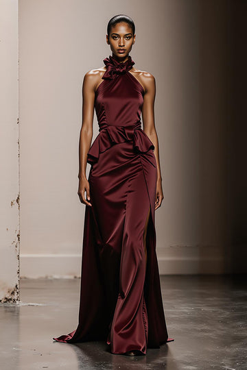 Burgundy A Line Halter Satin Evening Dress